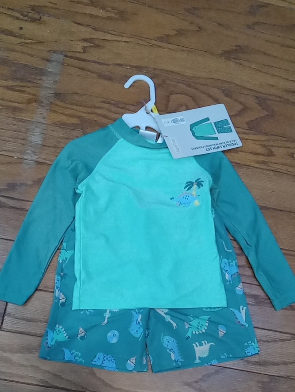 NWT Kids' Teal Two-Piece Long-Sleeve Rashguard & Dino Swim Shorts